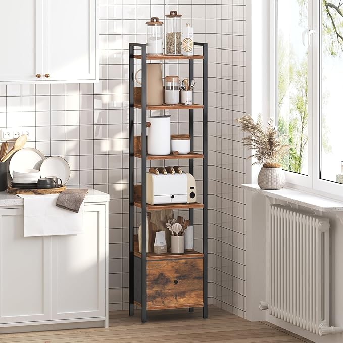 MAHANCRIS Bookshelf, 6-Tier Bookcase with Drawer, Small Book Shelf for Small Space, Storage Shelf Organizer, for Living Room, Bedroom, Study, Kitchen, Rustic Brown and Black BKHR66101
