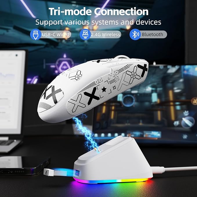 ATTACK SHARK G3PRO Wireless Gaming Mouse with RGB Charging Dock,2.4G/USB-C Wired/BT PAW3311 Optical Sensor 1K Polling Rate Adjustable 25K DPI,500mAh Battery Ultra Lightweight 59g Mice (White&Griptape)