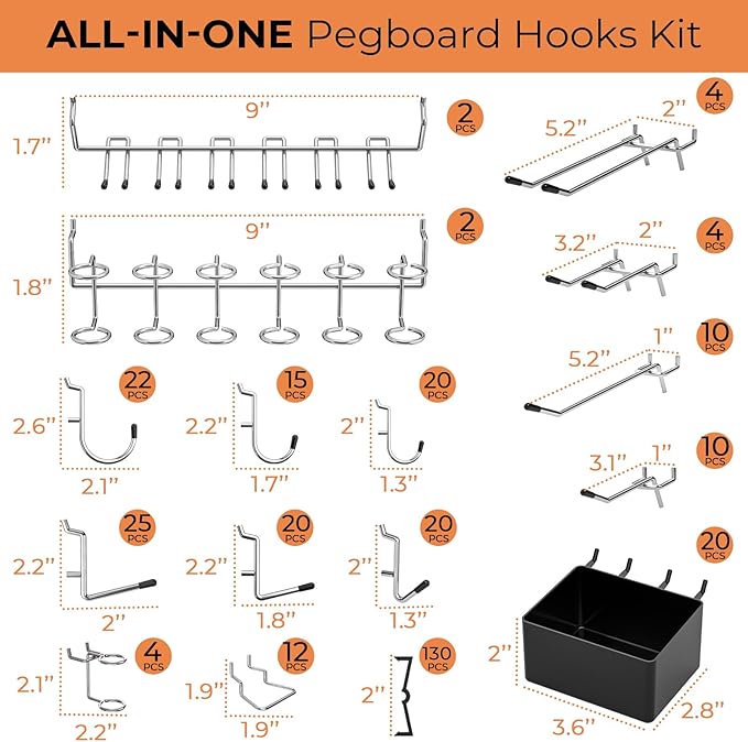 INCLY 320PCS Pegboard Accessories Organizer Kit, Peg Board Hooks Assortment with 20PCS Bins for Organizing Various Tools, Fit 1/8 or 1/4 inch Pegboard for Hanging Storage, Garage Wall Attachments