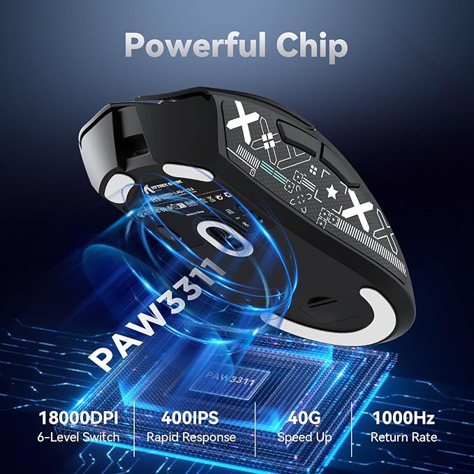 MAMBASNAKE Attack Shark R1 Wireless Gaming Mouse,PAW3311 Optical Sensor 18K DPI,59g Ultralight 2.4Ghz/BT/Wired Computer Mice for Win/Mac-Black&Tape