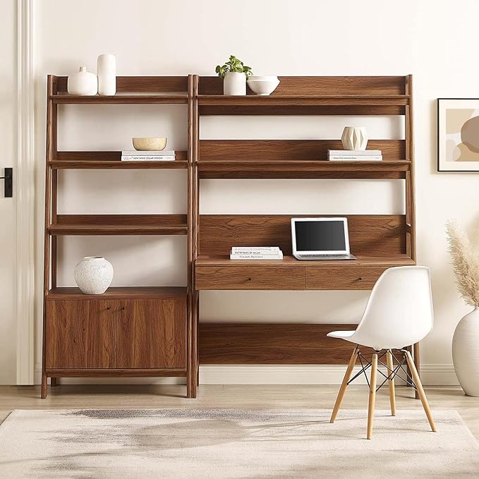 Modway 2-Piece Home Office Desk and Bookshelf Display Case in Walnut