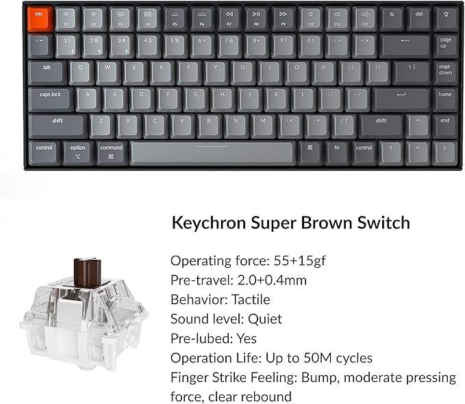 Keychron K2 75% Layout RGB Bluetooth Wireless Mechanical Keyboard with Keychron Super Brown Switch/Anti Ghosting/N-Key Rollover, Compact 84 Keys USB Wired Gaming Keyboard for Mac Windows-Version 2
