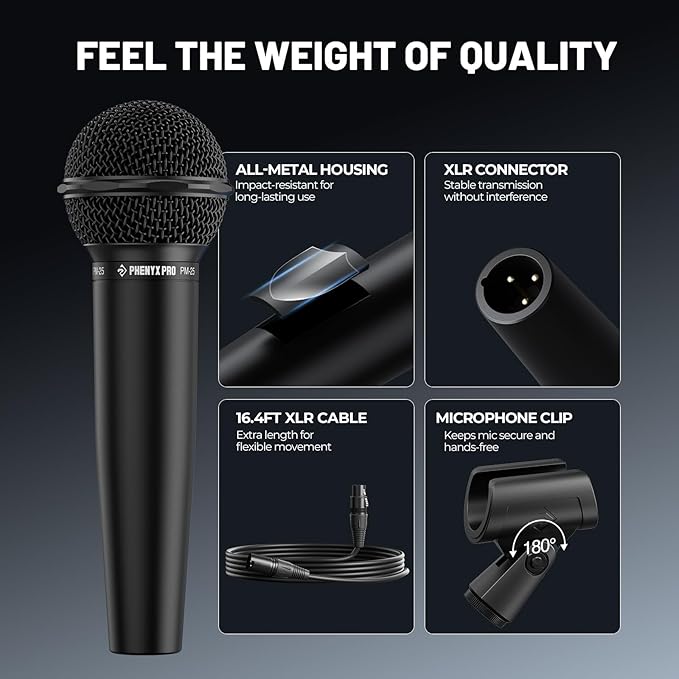 Phenyx Pro Dynamic Vocal Microphone, Cardioid Microphone with 16.4 ft XLR Cable, Mic Clip, Storage Bag, Wired Handheld Mic for Singing, Stage, Studio, Karaoke (PM-25)