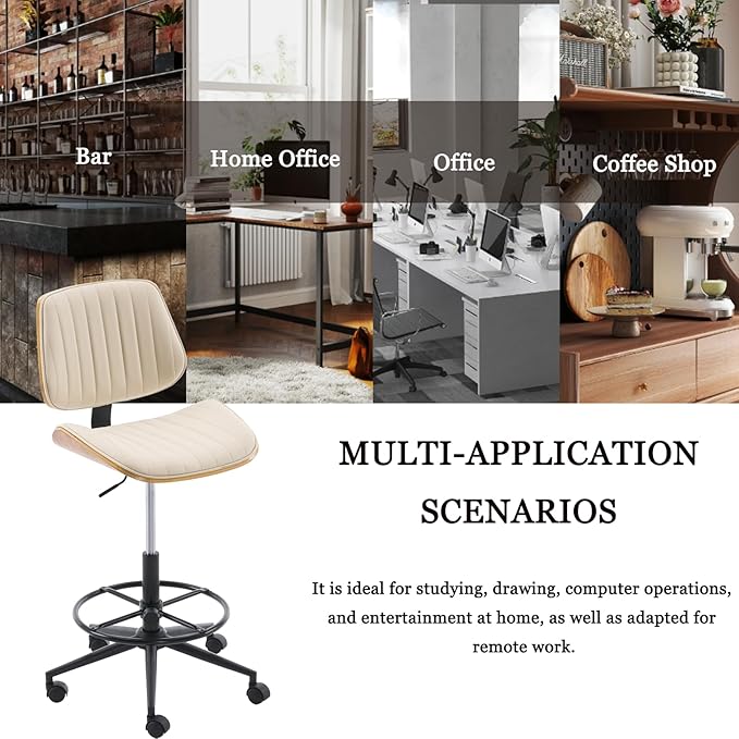 Drafting Home Office Chair, Swivel Desk Chair with Bend Wood Backrest, Ergonomic Office Chairs with Adjustable Height and Footrest Ring for Bar Lab Counter Height Desk and Drawing (Ivory)