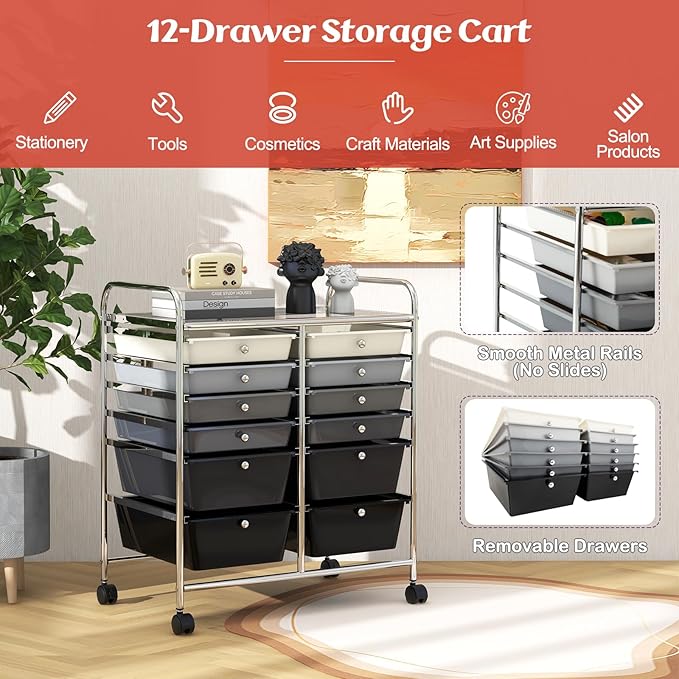 Moccha 12-Drawer Rolling Storage Cart - Utility Cart on Wheels with Lockable Casters for Craft Art Supply Paper Salon, Mobile Drawer Carts for Classroom Teacher School Office (Gradient Grey)