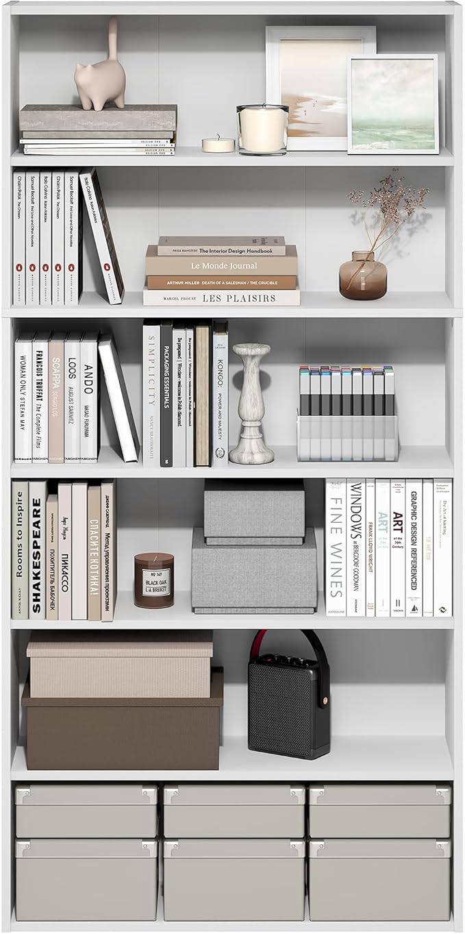 Furinno PASIR Book Shelf, 6-Tier Bookshelf with Open Storage Shelf, Standing Bookcase, 9.4 x 31.5 x 63, Easy Assembly, for Home Office, Bedroom, Living Room, White