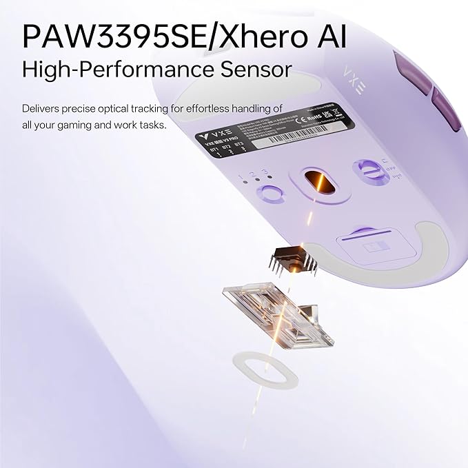 VXE V3 Lightweight Wireless Gaming Mouse, Xhero Al Sensor, 15000 DPI, 6 Programmable Buttons, 520h Battery,1k Polling Rate, Compatible with PC, Mac (V3, White)
