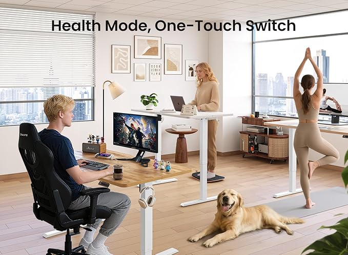 BANTI 63 × 28 Inches Standing Desk, Ergonomic, Electric Height Adjustable, Sit and Stand Up, Computer Desk with a Deeper Desktop, White Frame/Maple Top