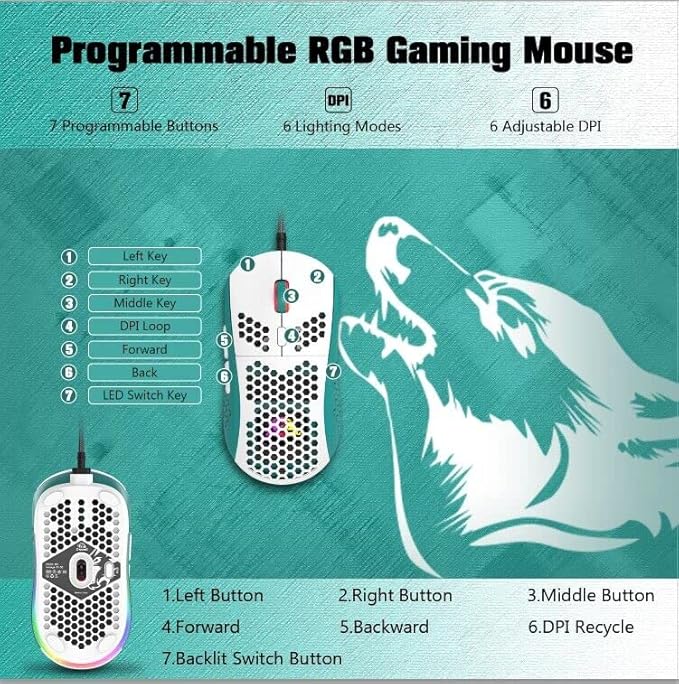 ZIYOU LANG Wired RGB Gaming Mouse,65G Lightweight Honeycomb Ultralight Mouse with High Precision Sensor 6400DPI,6 Button Programmable USB Gaming Mice,Precise Registration for PC Gamers Xbox PS4 Users