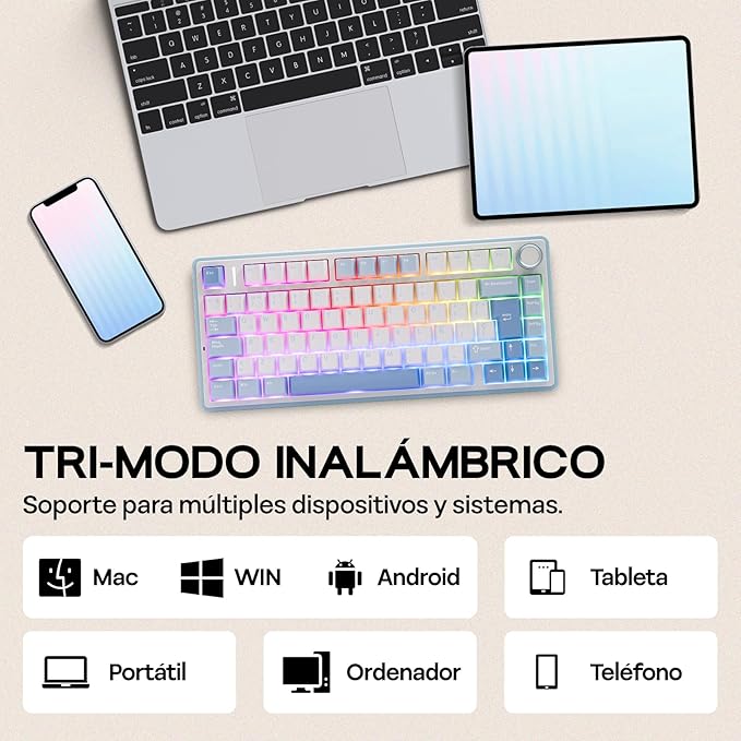 EPOMAKER Aula F75 ISO-ES Wireless Mechanical Gaming Keyboard, 75% Spanish Layout with Knob, Creamy Gasket, Sound-Dampening, RGB, Hot-Swap, BT/2.4Ghz (Sea Salt Blue)