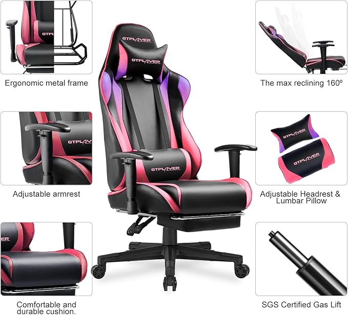GTPLAYER Gaming Chair with Footrest, Ergonomic Computer Game Desk Chair, Reclining Gaming Chair Seat Height Adjustment, Swivel Rocker with Headrest and Lumbar (Colorful)