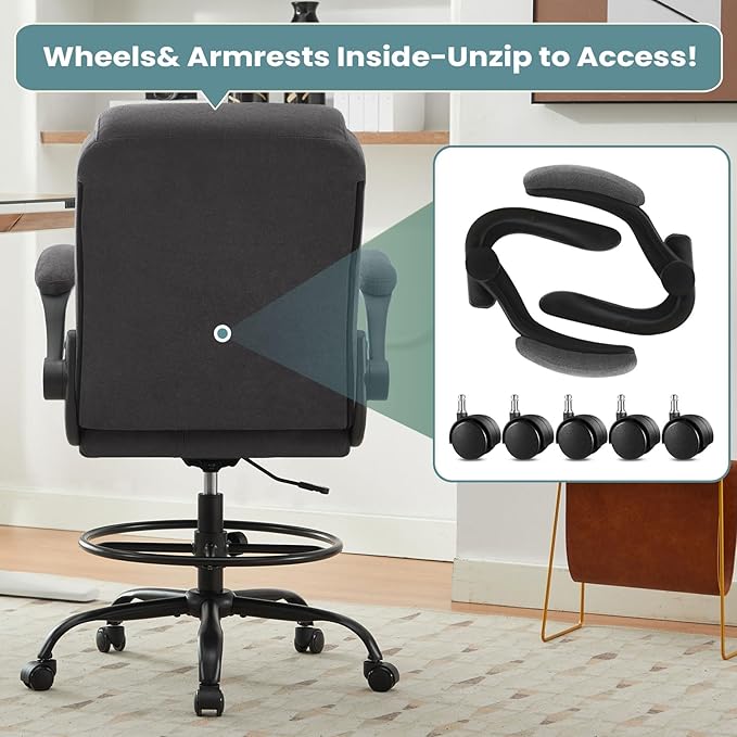 MAHOMICO Drafting Chair for Standing Desk – Tall Office Chair with Adjustable Height & Foot Ring, Flip-Up Arms, Lumbar Support – Comfortable Fabric Seat, Ideal Home Desk Chair