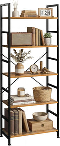 5 Tier Bookshelf, Free Standing Wooden Bookcase with Open Storage Shelves with Metal Frame, Sturdy Shelf Organization Display Rack for Living Room, Bedroom, Home Office, 62.2" Tall, Wood