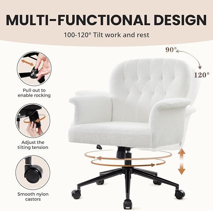 IWMH Home Office Desk Chair, Teddy Fabric Cozy Desk Chair with Wheels and Arms, Modern Upholstered High Back Wide Seat Vanity Chair for Bedroom Living Room Makeup (White)