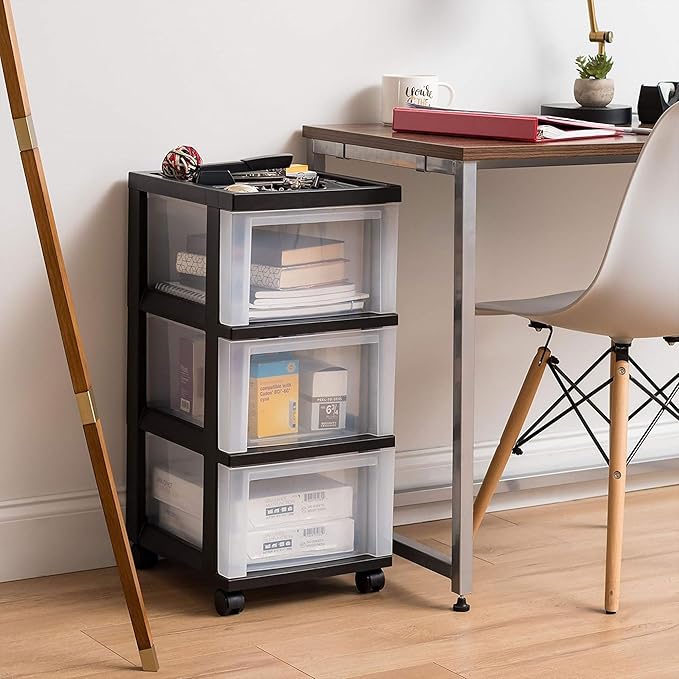 IRIS USA Plastic Drawer Storage Organizer Rolling Cart, 2-Pack, with Wheels Casters, 3-Drawers, for Classroom Art Craft Supplies Dresser Closet Bathroom Laundry Room, Black/Clear