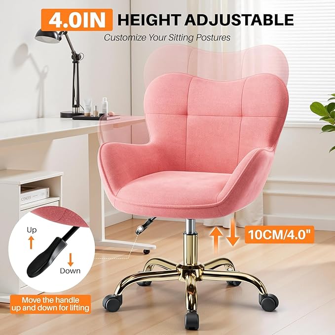 Vanity Chair with Wheels, Cute Home Office Desk Chairs Adjustable Height for Living Bedroom, Small Modern Fluffy Velvet Makeup Chair with Back for Girls (Pink)