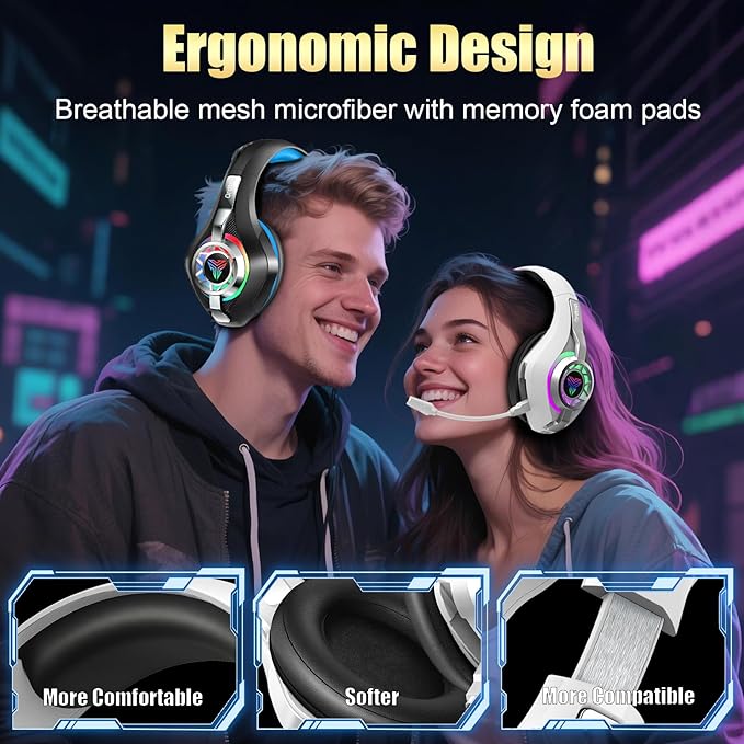 2.4GHz Wireless Gaming Headsets for PS5/PS4/PC/Switch/Xbox, RGB Noise Cancelling Over-Ear Headphones with 7.1 Surround Sound, 40mm Drivers, 276g Ultraligero, Memory Foam, 45H Gaming Headphones White