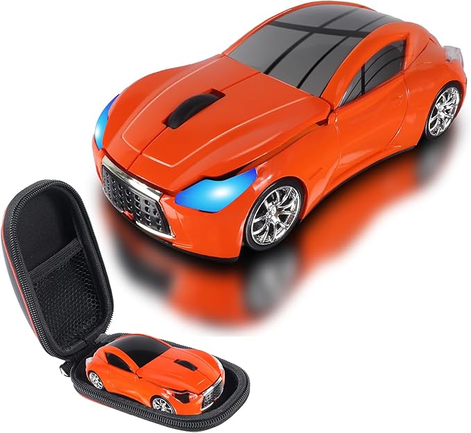 elec Space Wireless Mini Mouse with Case - Cute Sports Car Shape, Lightweight & Portable, 10m Range, Plug and Play (Orange)
