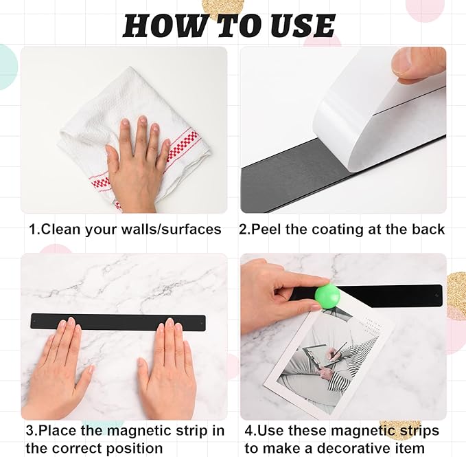18 Pcs Magnetic Bulletin Board Strips Frameless Stainless Iron Board Strip with Colorful Magnet Self Adhesive Memo Strip for for Office Home Wall Photo (Black)