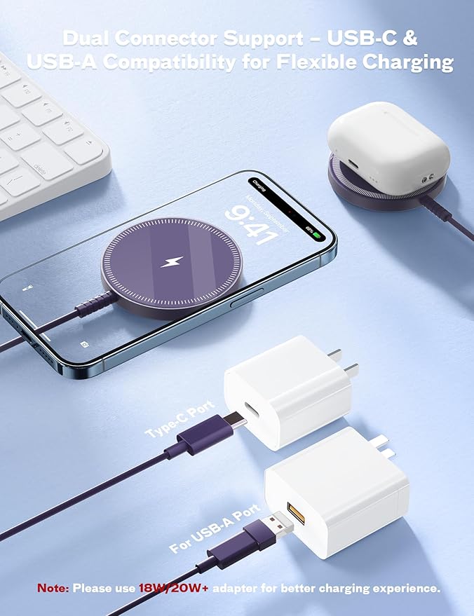 Magnetic Wireless Charger Fast Charge Strong Magnet Charging Pad for iPhone 17/16/15/14/13/12 - Series&AirPods Pro 4-2, Daul Ports, Case-Friendly, Ultra-Slim & Portable for Travel Nightstand Desk
