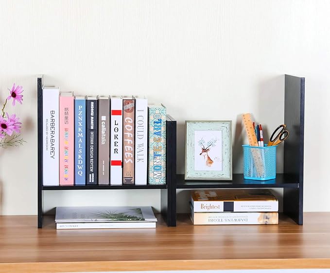 PAG Adjustable Desktop Shelf Wood Small Bookshelf Desk Supplies Organizers and Accessories Storage Display Rack Office Decor, Black