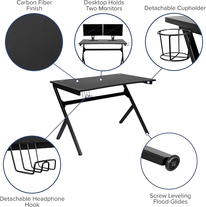Flash Furniture Black Gaming Desk and Gray/Black Reclining Gaming Chair Set with Cup Holder, Headphone Hook & 2 Wire Management Holes