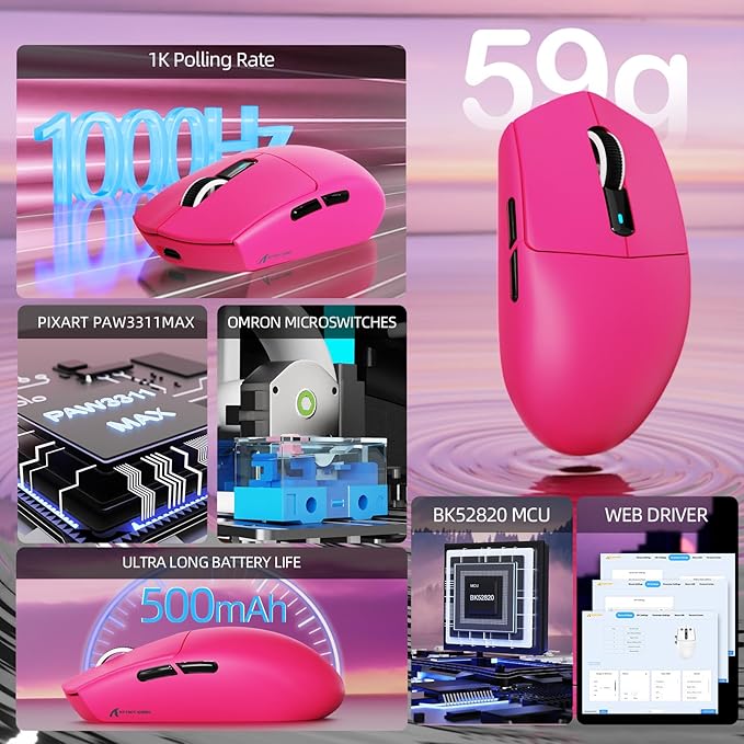 ATTACK SHARK G3PRO Wireless Gaming Mouse with RGB Charging Dock,2.4G/USB-C Wired/BT PAW3311 Optical Sensor 1K Polling Rate Adjustable 25K DPI,500mAh Battery Ultra Lightweight 59g Mice(Red)