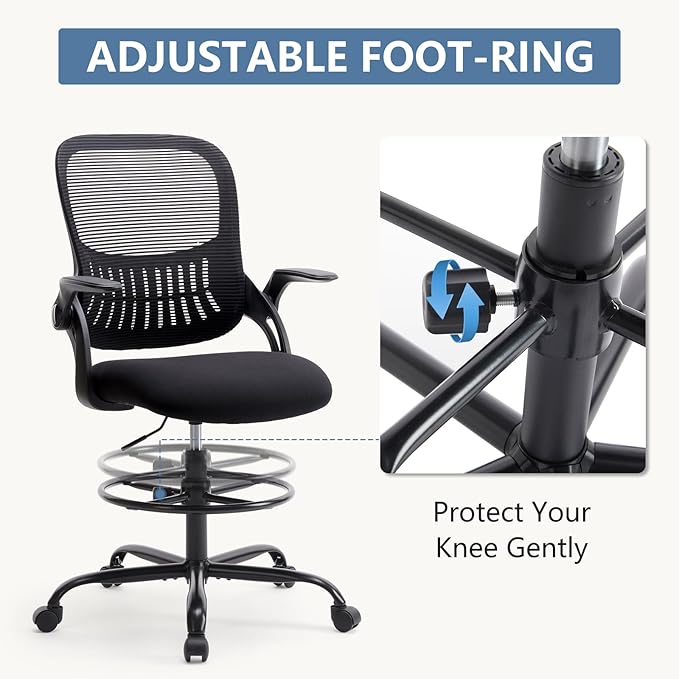 DUMOS Drafting Chair with Flip-up Arms, Tall Office Standing Desk Chair with 360° Rolling Chair, Counter Height Adjustable Ergonomic Mesh Computer Chair, New Black