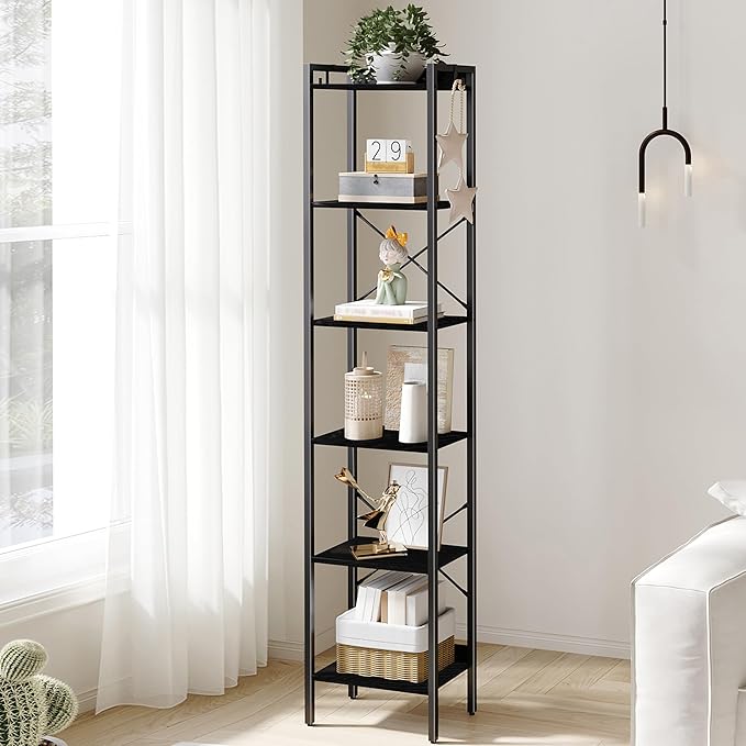Hzuaneri Bookshelf, Book Shelf, Industrial Bookcase with 2 Hooks, Coner Shelf Storage Organizer for Home Office, Living Room, Bedroom, Kitchen, 6-Tier Black BC10704B