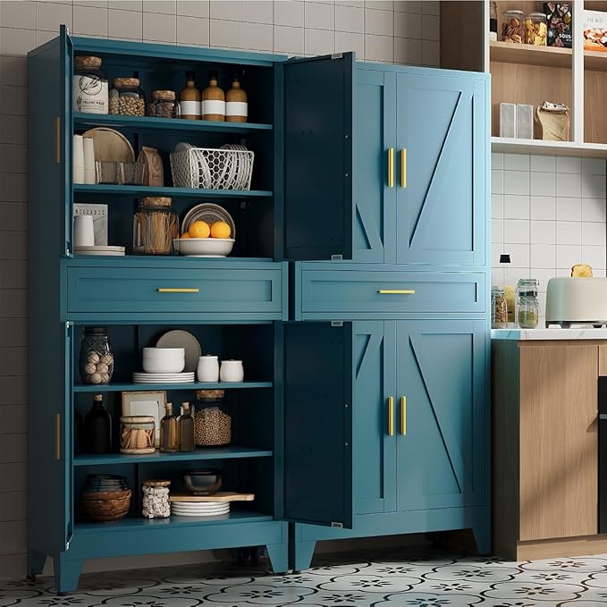 71 "Farmhouse Metal Filing Cabinet with a Drawer and 4 Adjustable Shelves, with 4 Large barn Door Blue Kitchen Cabinets, Metal Food Cabinets for Home, Kitchen, Dining/Living Room (Peacock Blue)