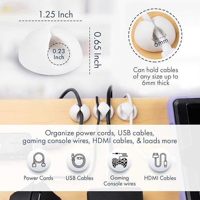 Convenient Cable Clips – Sticky, Compact Cable Holders for Cord Organization – Cord Keepers with 3M Strong Adhesive Backing for Organizing Power Cables, Phone Chargers, USB Cables & More – 6 Pack