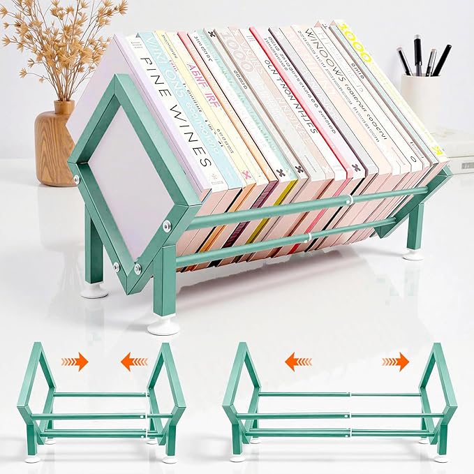 Expandable Desktop Bookshelf Organizer, Small Tabletop Book Storage Rack, Portable Green Bookshelf for Books/CDs/Magazine Display, Mini Bookcase for Top of Desk in Living Room, Office, Home Decor