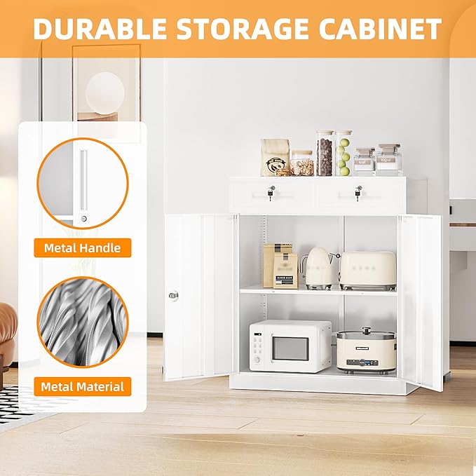 INTERGREAT Metal Storage Cabinet with Drawers, 42”H Lockable Office Storage Cabinets with 2 Doors and Adjustable Shelves, White Steel File Cabinet for Home Office, Garage, School, Apartment(White)