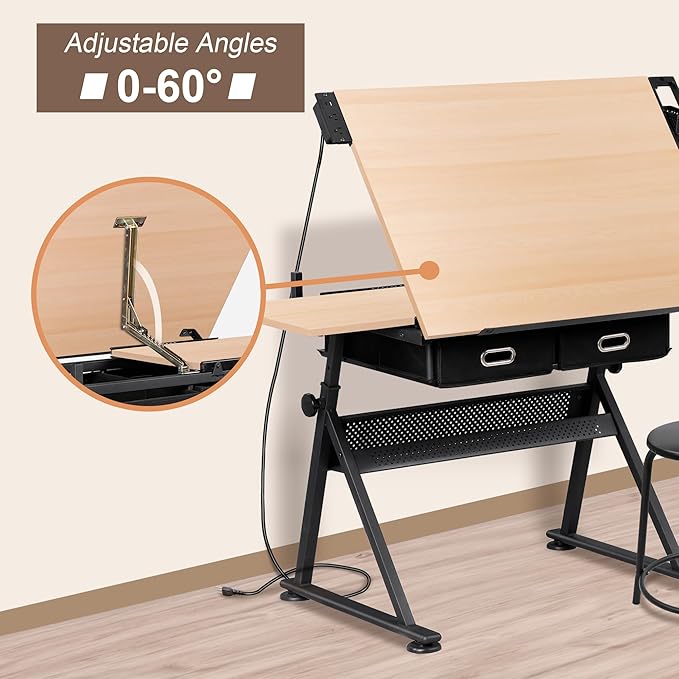 ZENY Adjustable Drafting Table with Stool, Tilting Drawing Desk Artist Table with Storage Drawers, Art Craft Workstation for Home Office Reading, Writing, Crafting (Brown-with Outlet)
