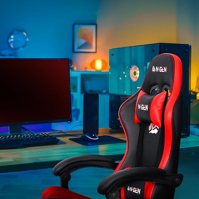 NEO CHAIR Video Gaming Chair with Footrest High Back Ergonomic Comfortable Office Computer Desk with Lumbar Support Height Adjustable with PU Leather Recliner for Adults Women Men (Red)