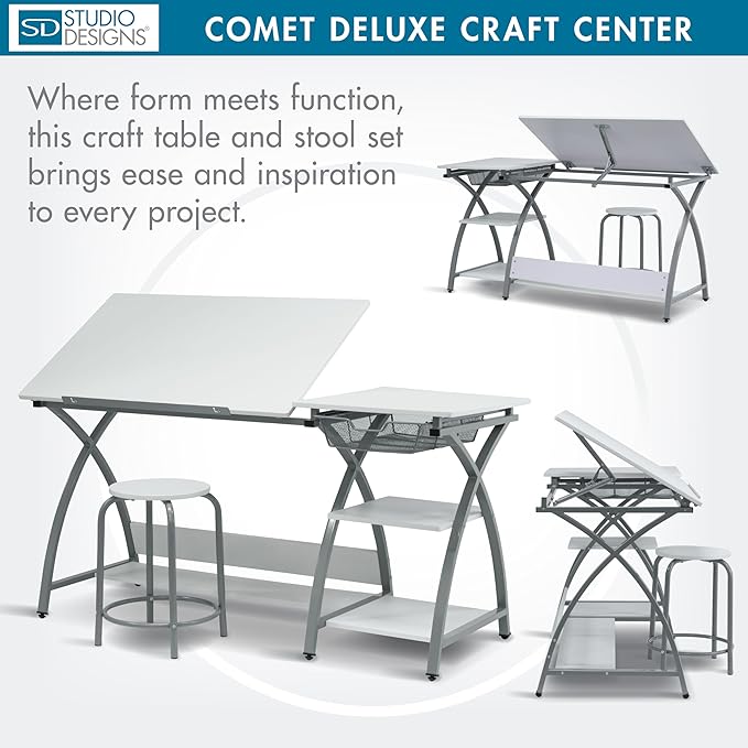 Deluxe Comet Craft Station with Stool, Adjustable Drafting & Art Desk with Storage Shelves, Pencil Ledge, Wire Mesh Drawer, 45° Tilting Top, Steel Frame, Silver/White