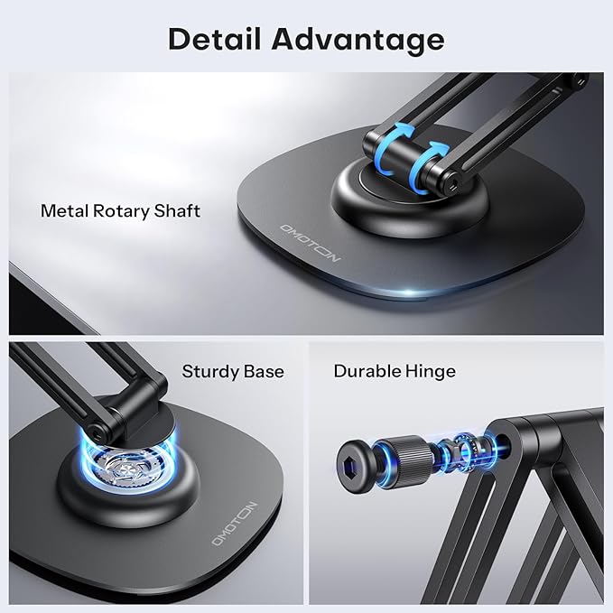OMOTON 360°Rotating MS04 Magnetic Phone Stand for Desk, Adjustable Foldable Aluminum for MagSafe Cell Phone Stand Holder with Non-Slip Base, for iPhone 17/16/15/14 Pro Max Air, Black