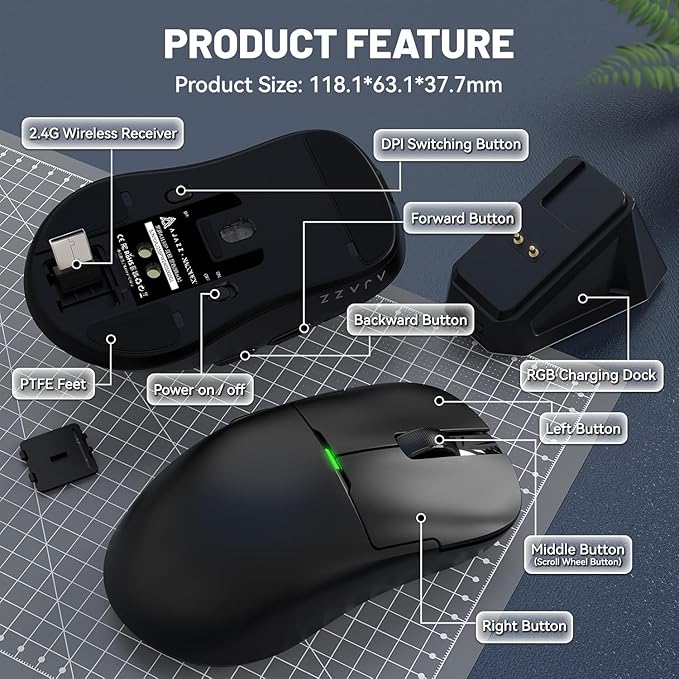 ATTACK SHARK x Ajazz AJ159P Gaming Mouse with Magnetic RGB Charging Dock,2.4G Wireless Gaming Mouse PAW3395 Sensor 26K DPI,1K Polling,6 Programmable Buttons,Ergonomic Computer Mice USB3.0 for PC/MAC
