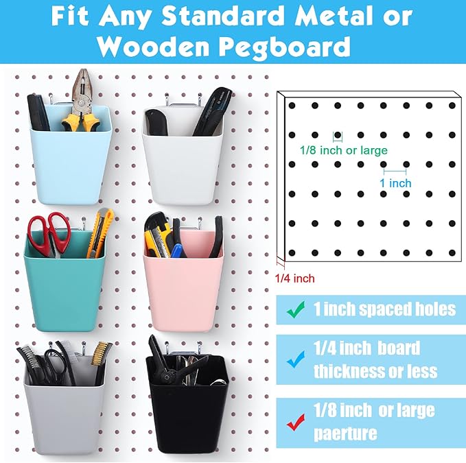 Namalu 12 Pack Peg Board Storage Bins with Labels and Hooks Square Box Shape Pegboard Cup Holder Accessories Pegboard Organizer for Craft Room Wall holder Workbench(4.7 x 4 x 5 Inch, Colorful)