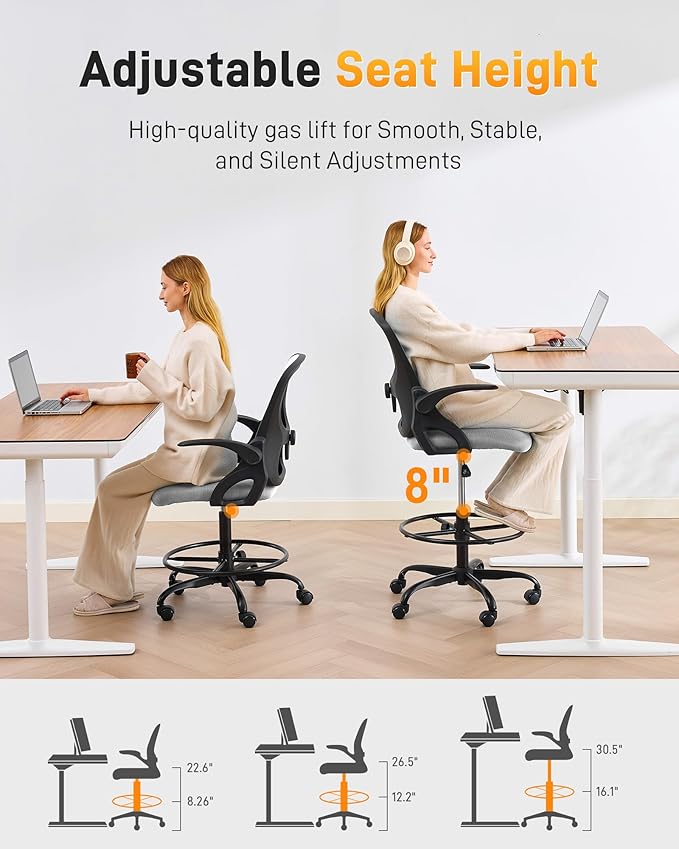 LukkDys Drafting Chair with 4D Multi-Adjustable Backrest, Tall Office Chair 19.7"-27.6" Seat Height, Ergonomic Standing Desk Chair with Flip-up Arms, Foot Ring, Grey&Black