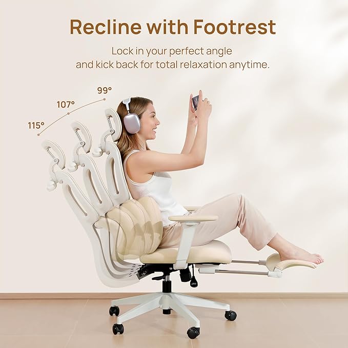 CabLady S1 Petite Ergonomic Home Desk Chair with Footrest and Headrest, High Back Fixed Lumbar Support with Detachable Pillow, Reclining Cute Office Chair for Women & Girls, 300 LBS Capacity