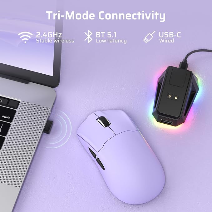 LTC GM022 Ultralight 3-Mode Wireless Gaming Mouse with RGB Charging Dock, PAW3395 26K DPI Sensor, 55G Lightweight Ergonomic Bluetooth Gaming Mouse, 5 Programmable Buttons, 80 Million Click Switch