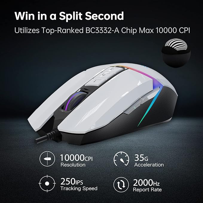 Bloody W60Max Wired RGB FPS Gaming Mouse, 10000 CPI, All Buttons Programmable, 2000Hz Report Rate, 250 IPS, 4M Onboard Memory (Pandawhite)
