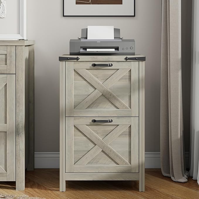 Vabches Vertical File Cabinet with 2 Drawers, Wooden Farmhouse Filing Cabinet for Letter/A4 Size Hanging Files, Under Desk Printer Stand with Storage for Home Office, Grey