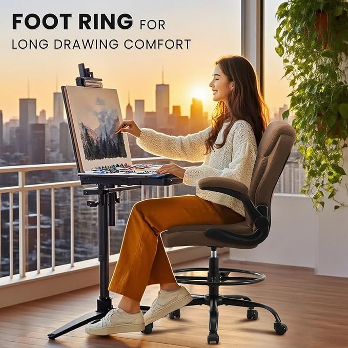 MAHOMICO Drafting Chair for Standing Desk – Tall Office Chair with Adjustable Height & Foot Ring, Flip-Up Arms, Lumbar Support – Comfortable Fabric Seat, Ideal Home Desk Chair