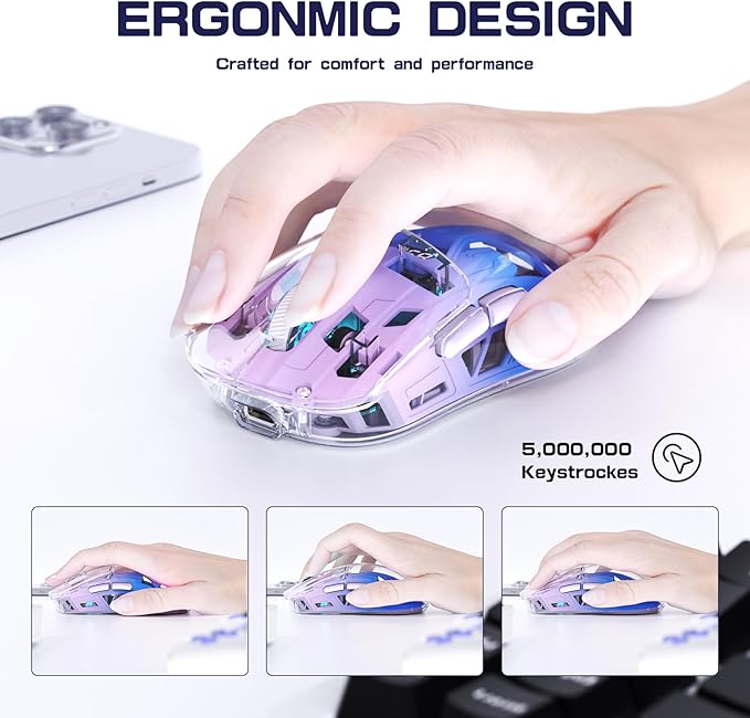 FREEWOLF A2 Transparent Wireless Gaming Mouse,Dual Mode BT 5.0/2.4G PC Gaming Mice,PixArt 3212 5 Adjustable DPI,Rechargeable Silent Mouse with Digital Screen,RGB Backlight Mouse for Win/Mac(Purple)