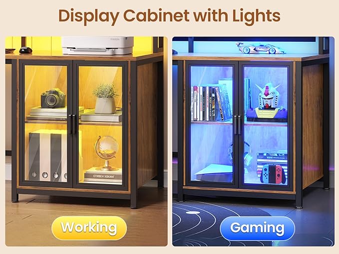 SEDETA L Shaped Gaming Desk with 4 Drawers, 109” Computer Desk with Display Cabinet, Home Office Desks with 2 Monitor Stands, CPU Stand, LED Lights and Power Outlet, Rustic Brown