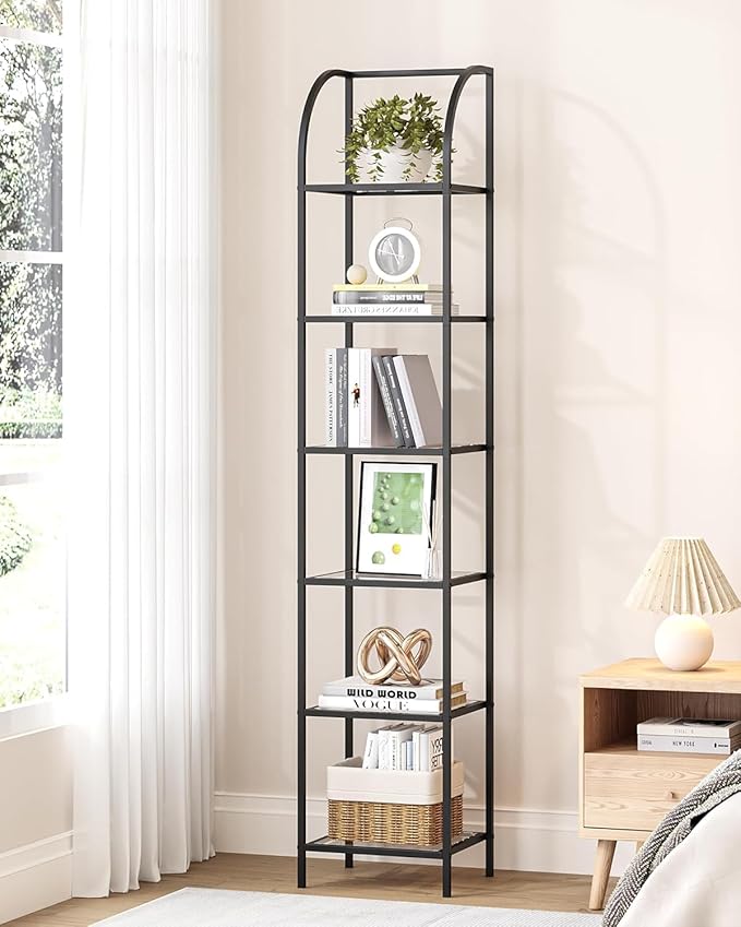 Hzuaneri Bookcase Bookshelf, Tempered Glass Arched Bookshelf for More Storage, Slim Shelving Unit for Bedroom, Bathroom, Home Office, Steel Frame, 6 Tier Black BC20699B