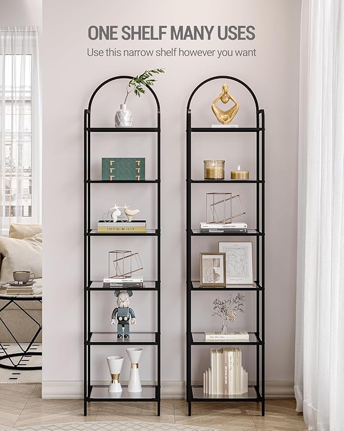 Hzuaneri Bookcase Bookshelf, Tempered Glass Bookshelves, Slim Shelving Unit for Bedroom, Bathroom, Home Office, Steel Frame, 6 Tier Black BC10601B