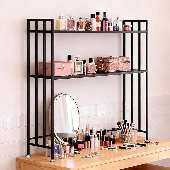 Desk Hutch with Adjustable Height, 2-Tier Rust-Resistant Iron Desk Shelf Organizer for Office Dorm, Desk Organizer Shelf（Black）